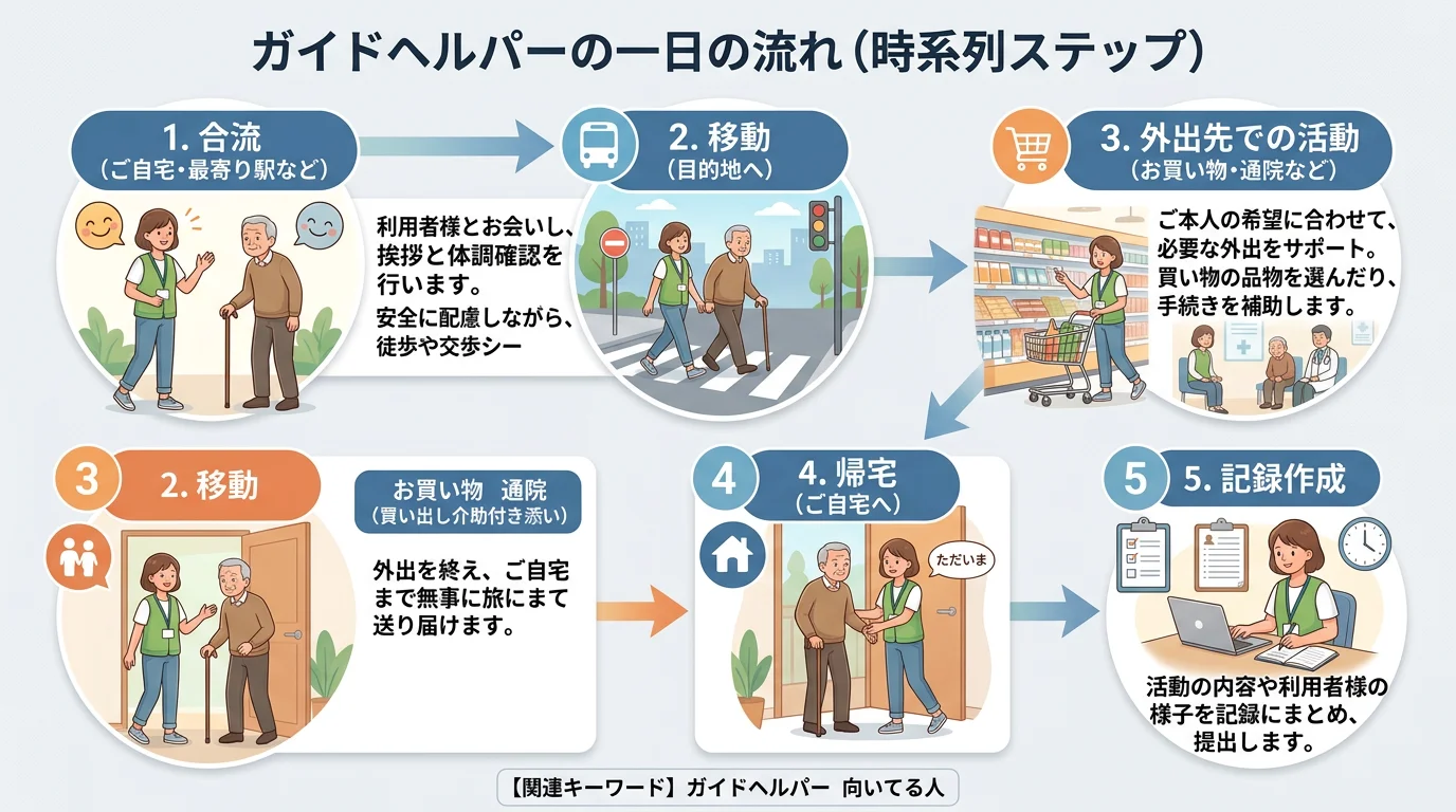 ガイドヘルパーの仕事内容：外出時の移動支援・利用者との1対1での関わり・日中業務の説明図