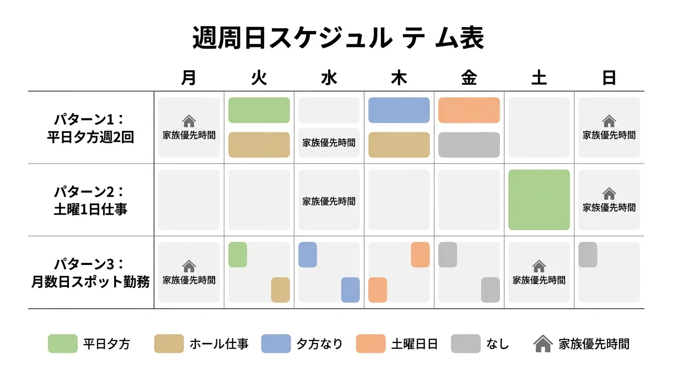 平日夕方週2回・土曜1日仕事・月数日スポットの3つのシフト例を示す週間タイムテーブル図解
