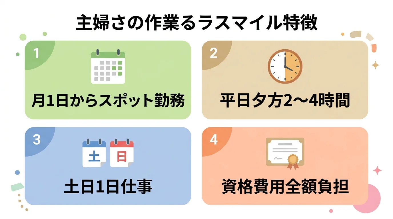 月1日スポット・平日夕方・土日1日・資格費用全額負担の4つの主婦向け働き方を整理した図解