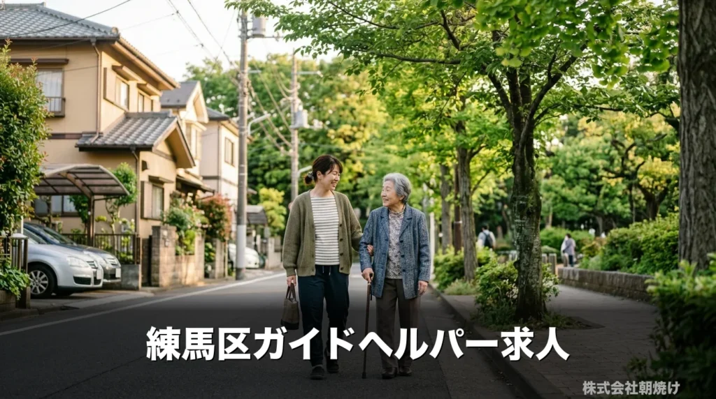練馬区の住宅街で利用者様と並んで穏やかに歩く主婦ガイドヘルパーの様子