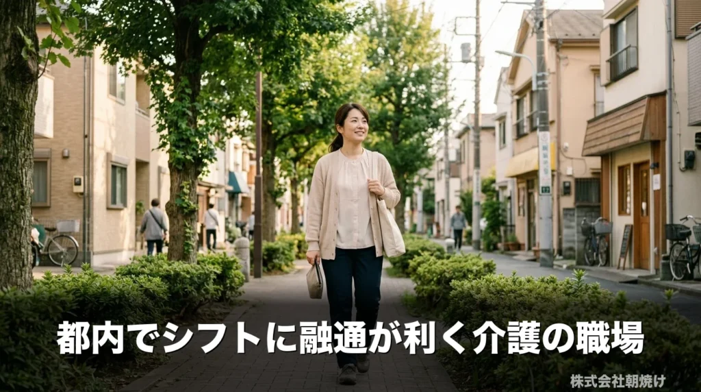 東京の落ち着いた住宅街を前向きな表情で歩く介護職スタッフ。都内でシフトに融通が利く職場を自分の生活に合わせて選べることを表すアイキャッチ