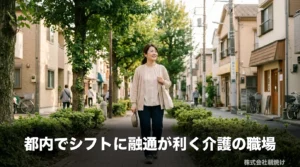 東京の落ち着いた住宅街を前向きな表情で歩く介護職スタッフ。都内でシフトに融通が利く職場を自分の生活に合わせて選べることを表すアイキャッチ