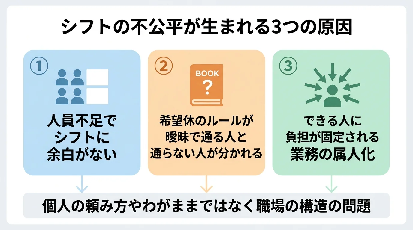 人員不足・希望休ルールの不在・業務の属人化という介護職のシフトが不公平になる3つの構造的原因を整理した図解