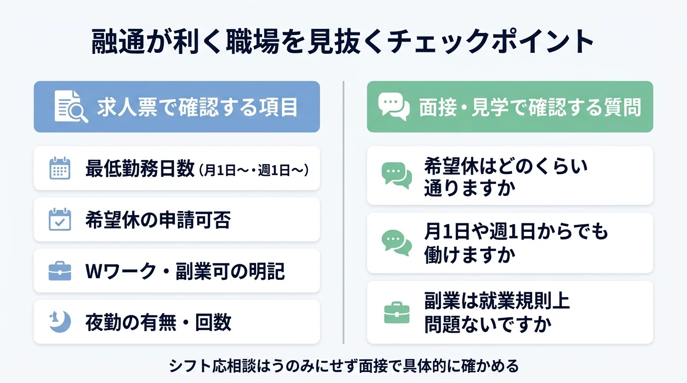 最低勤務日数や希望休、Wワーク可の明記など、融通が利く介護の職場を求人票と面接で見抜くチェックポイントを左右で整理した図解