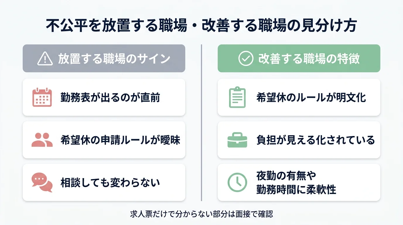 勤務表の確定時期や希望休ルールの明文化など、シフトの不公平を放置する職場と改善する職場の特徴を左右で対比した比較図解