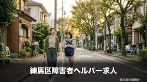 練馬区の住宅街を、未経験から始めた女性ガイドヘルパーが利用者様と並んで穏やかに歩く様子