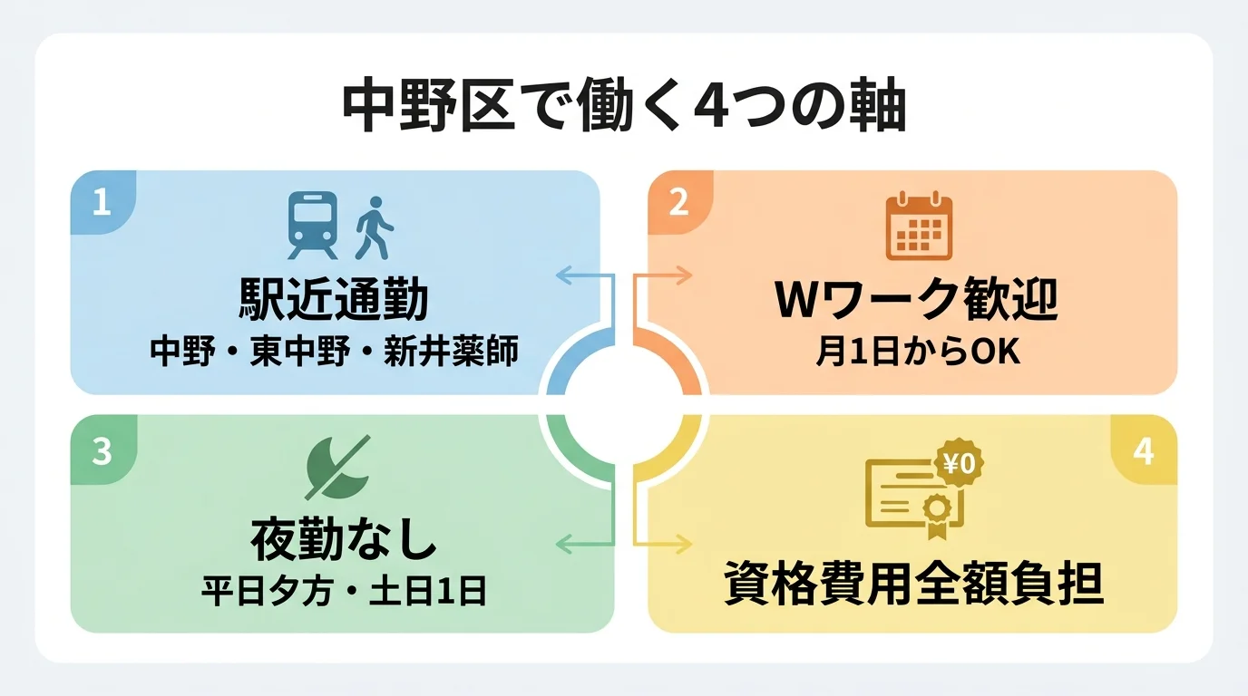 駅近通勤・Wワーク歓迎・夜勤なし・資格費用全額負担という朝焼けの中野区ガイドヘルパー求人を支える4軸を整理した図解