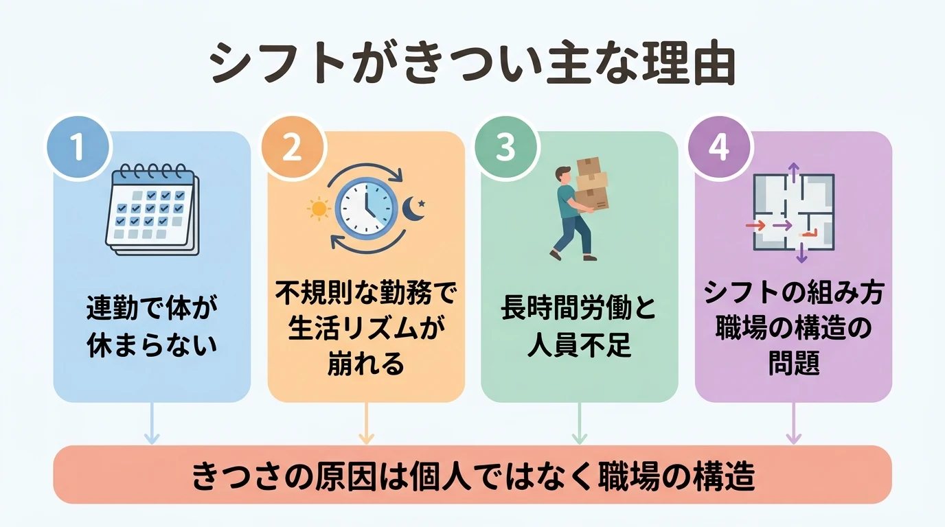 連勤・不規則な勤務・長時間労働と人員不足という、介護のシフトがきついと感じる主な4つの理由を整理し、原因が職場の構造にあることを示した図解