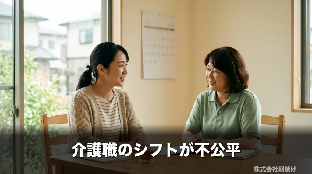 明るい事務所で介護職のシフトの不公平について穏やかに相談し合う2人のスタッフ。自分を責めず職場の構造を見直す前向きな雰囲気を表すアイキャッチ