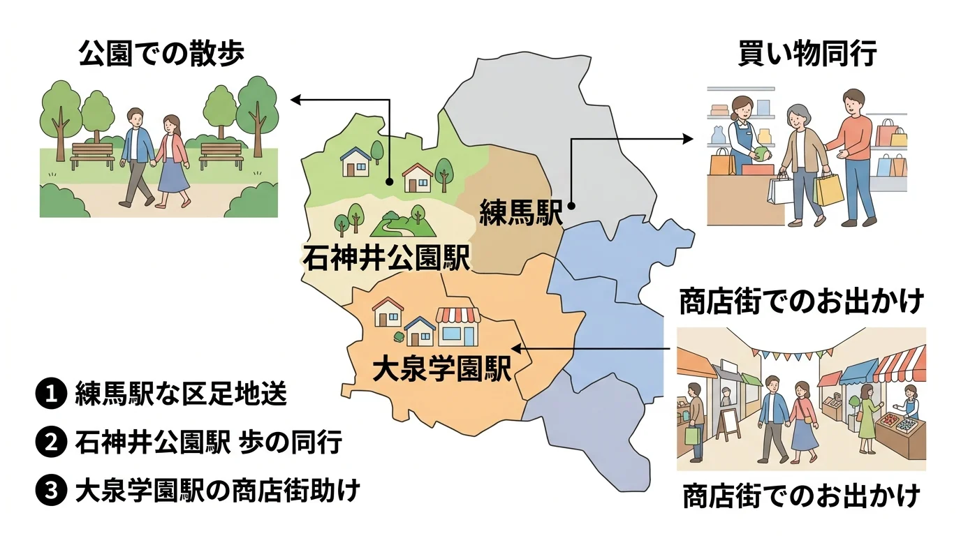 練馬区の練馬駅・石神井公園駅・大泉学園駅エリアでの移動支援シーンを示す図解
