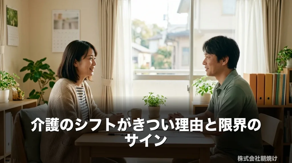 明るい福祉事業所で介護のシフトのきつさや働き方について穏やかに相談し合う2人のスタッフ。一人で抱え込まず見直しへ向かう前向きな空気を表すアイキャッチ