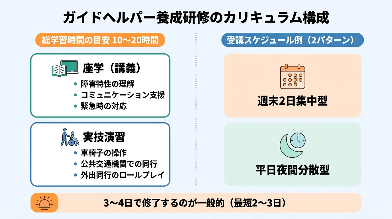 ガイドヘルパー養成研修のカリキュラム構成を示した図解。座学と実技演習の内容、総学習時間10〜20時間、週末集中型と平日夜間型の受講パターンを整理している